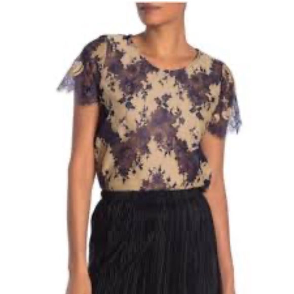 Anthropologie Everleigh Grey/Tan Lace Overlay Top Size Small Petite - Picture 1 of 8